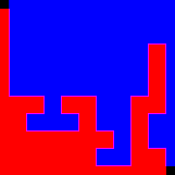 Result of convolving maze with red and blue walls showing a magenta path in between the two sections
