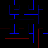 Inverted maze with black corridors and red and blue walls