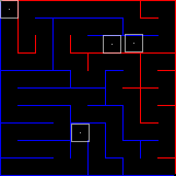 The inverted red and blue maze with markers highlighting the effect of the kernel in a few cases
