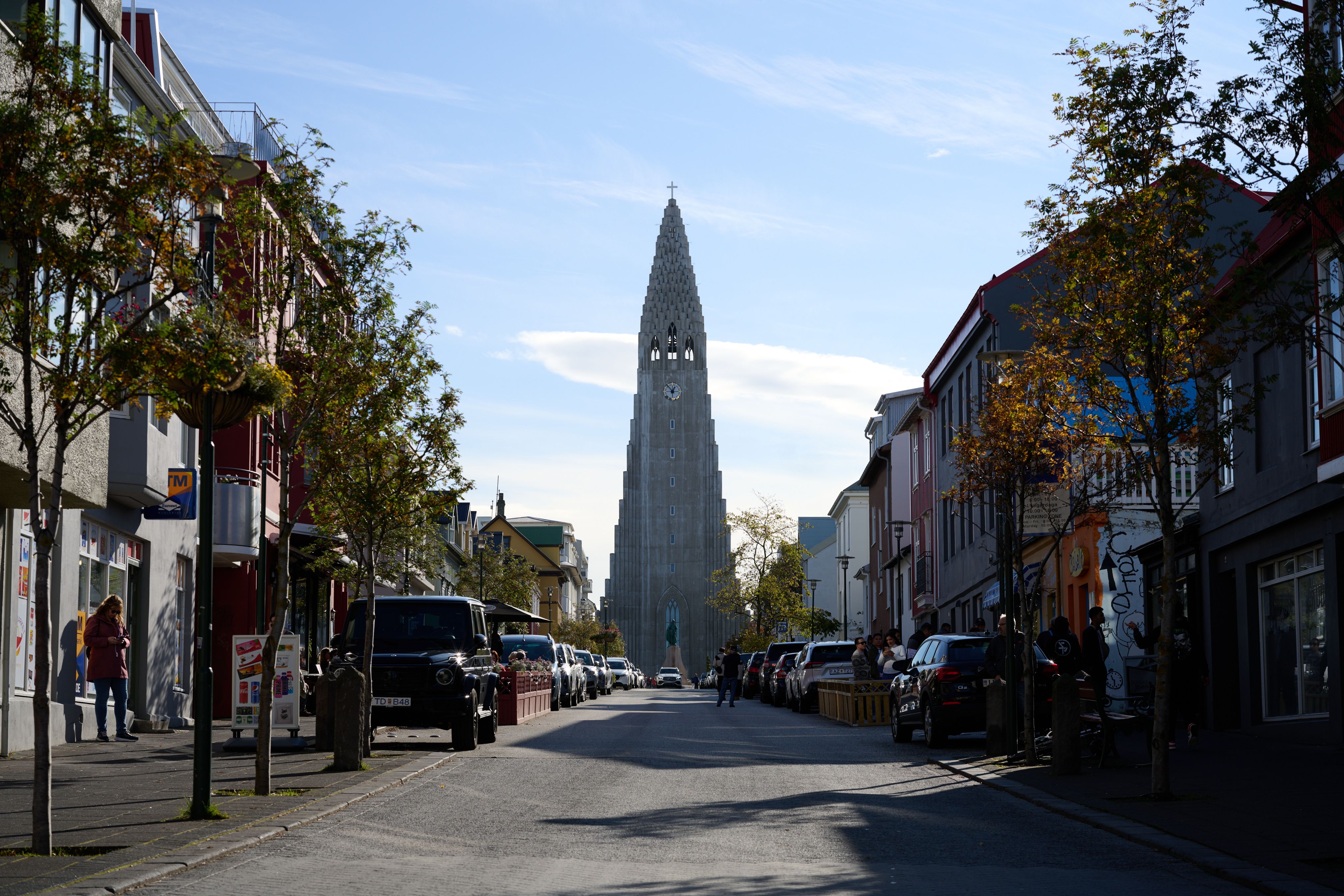 Hallgrimskirkja framed by the buildings of central Reykjavik